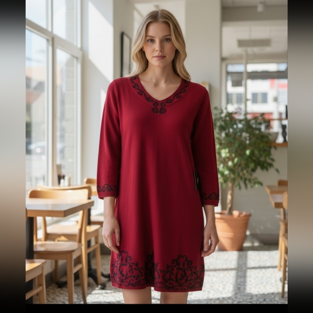 Nwt JH Red Long Sleeve Dress with Black Detailing Career Knit Vibrant XL